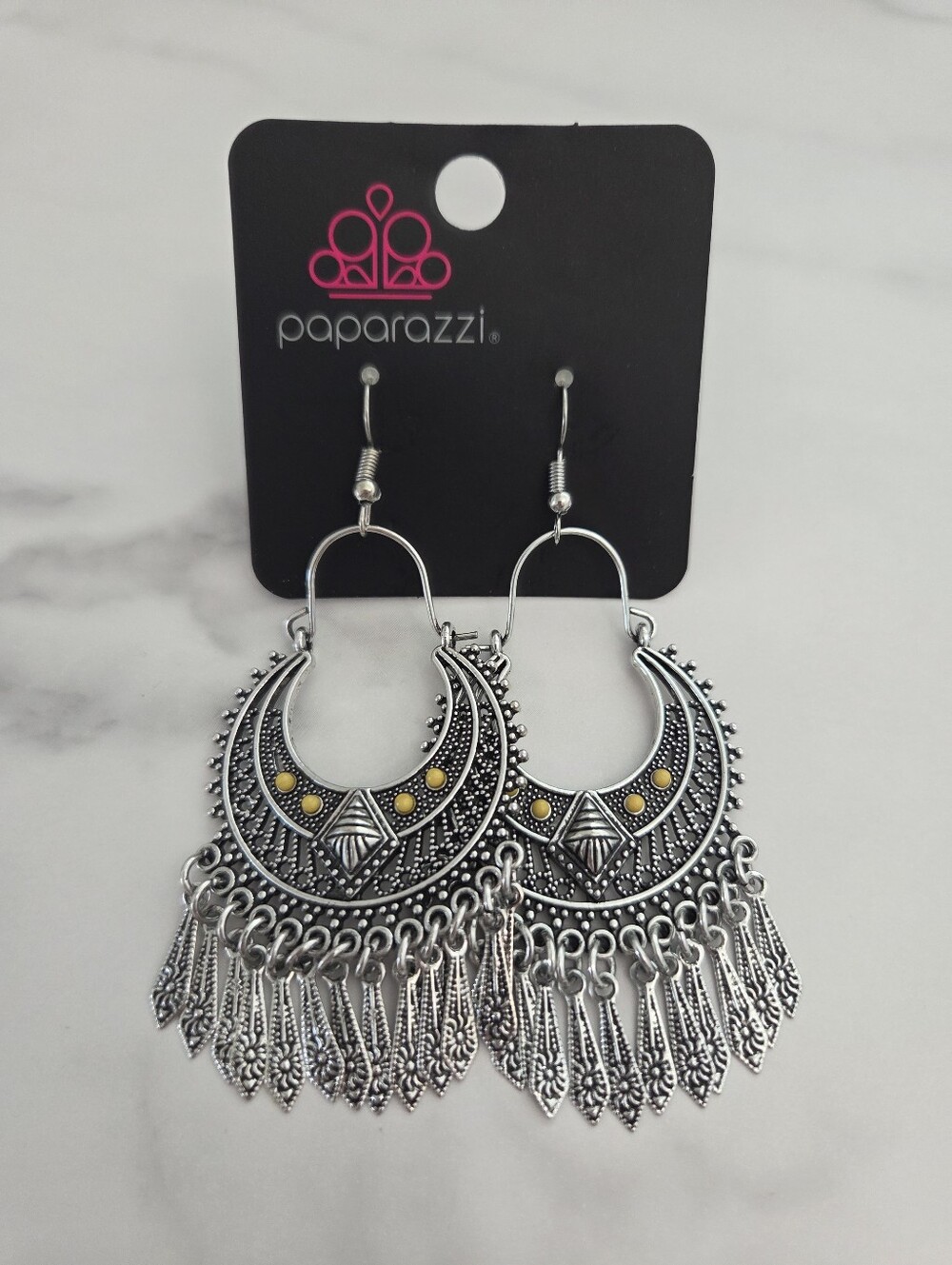 ​Paparazzi Silver Boho Crescent Fringe Statement Earrings Yellow Accents - Picture 3 of 11